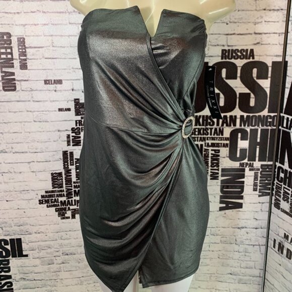 Trixxi Gray Metallic Faux Wrap Strapless Dress - Picture 1 of 6